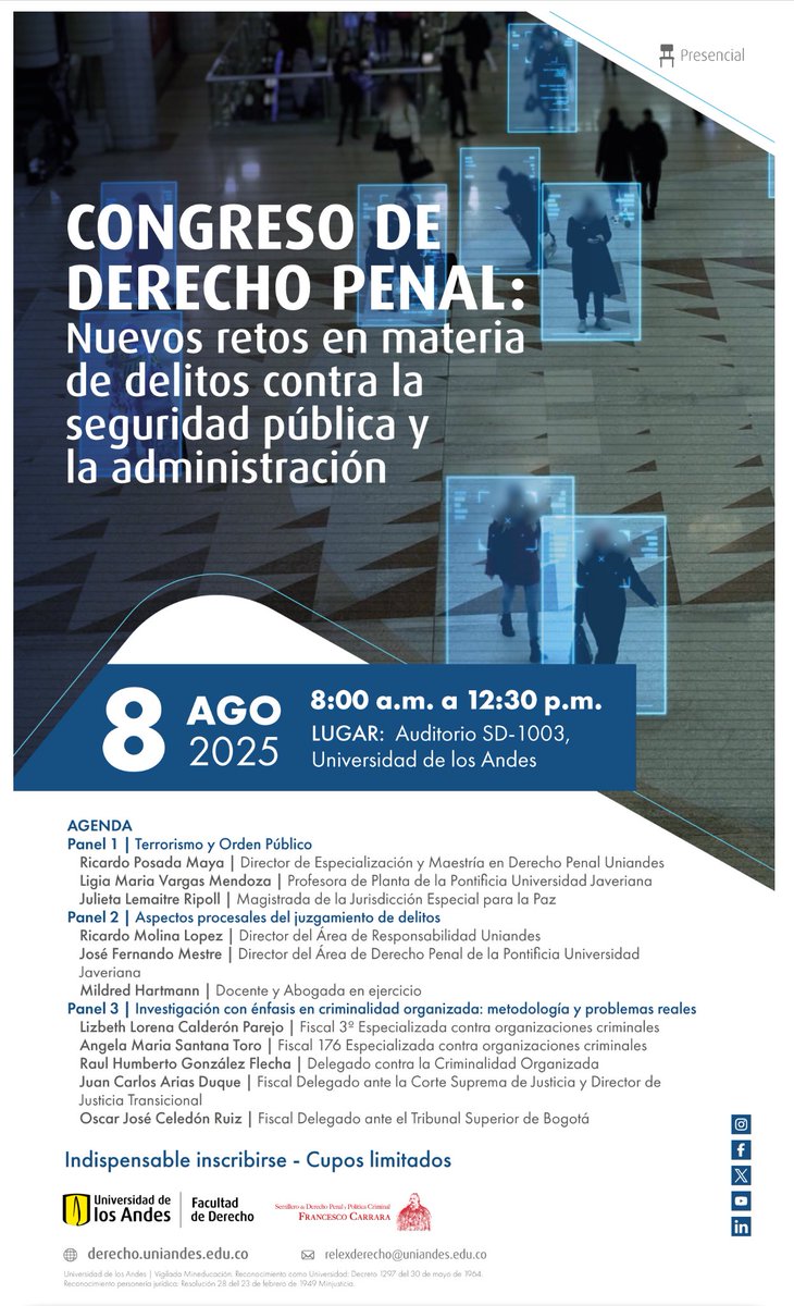 Quiero invitarlos el 8 de agosto a nuestro próximo Congreso de Derecho penal en <a href="/UniandesDerecho/">UniandesDerecho</a> <a href="/Uniandes/">Uniandes</a>  sobre los Nuevos retos en materia de delitos contra la seguridad pública y la administración.

Entrada libre y gratuita, previa inscripción en:

derecho.uniandes.edu.co/eventos/congre…