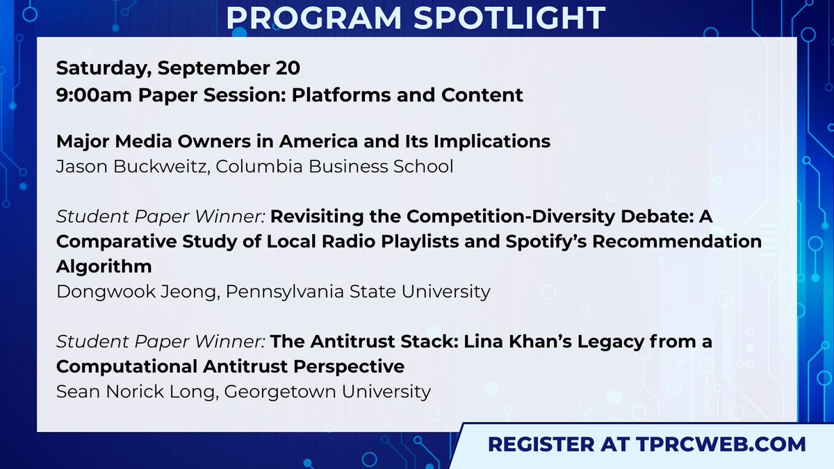 TPRCtweets's tweet image. Paper Session Spotlight: Platforms & Content
Sat, Sept 20 | 9:00 AM | #TPRC53
Join us to hear 3 great papers on
#MediaOwnership in the U.S.
#Spotify vs. local #Radio — #AlgorithmicDiversity
#Antitrust & #LinaKhan from a computational lens
Register @ tprcweb.com