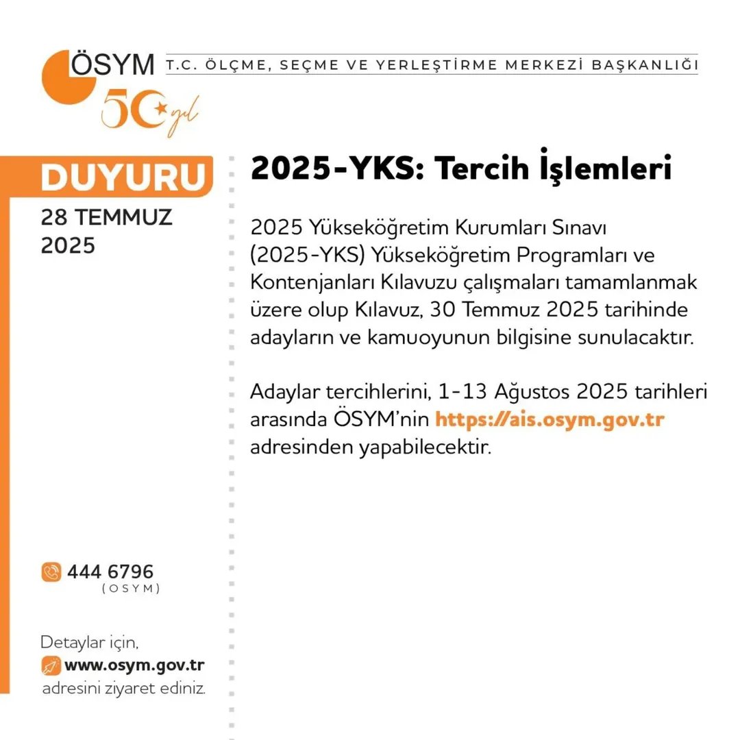 📢 "2025-YKS: Tercih İşlemleri" duyurusu yayımlandı.

🔗osym.gov.tr/TR,33371/2025-…
<a href="/tcmeb/">Millî Eğitim Bakanlığı</a> 
<a href="/Yusuf__Tekin/">Yusuf Tekin</a> 
<a href="/ISPARTAVALILIK/">T.C. ISPARTA VALİLİĞİ</a> 
<a href="/Abdullah_Erin47/">Abdullah ERİN</a> 
<a href="/recai_ocak/">Recai Ocak</a>