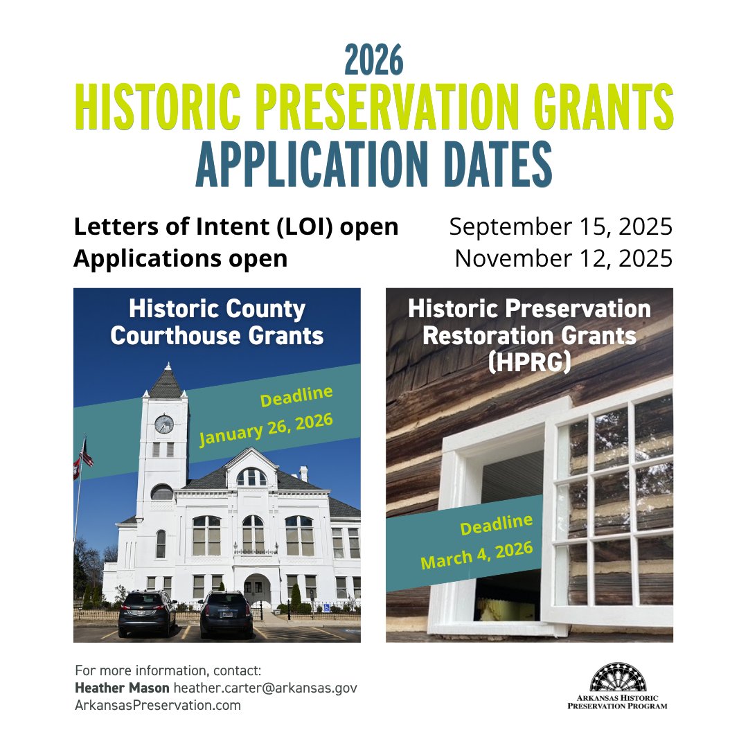 Announcing 2026 historic preservation grant dates!

LOI starting Sep. 15, 2025.
Applications starting Nov. 12, 2025.
Deadline for County Courthouse Grant applications is Jan. 26, 2026.
Deadline for HPRG applications is Mar. 4, 2026.

More details at loom.ly/UMdbDpQ.
