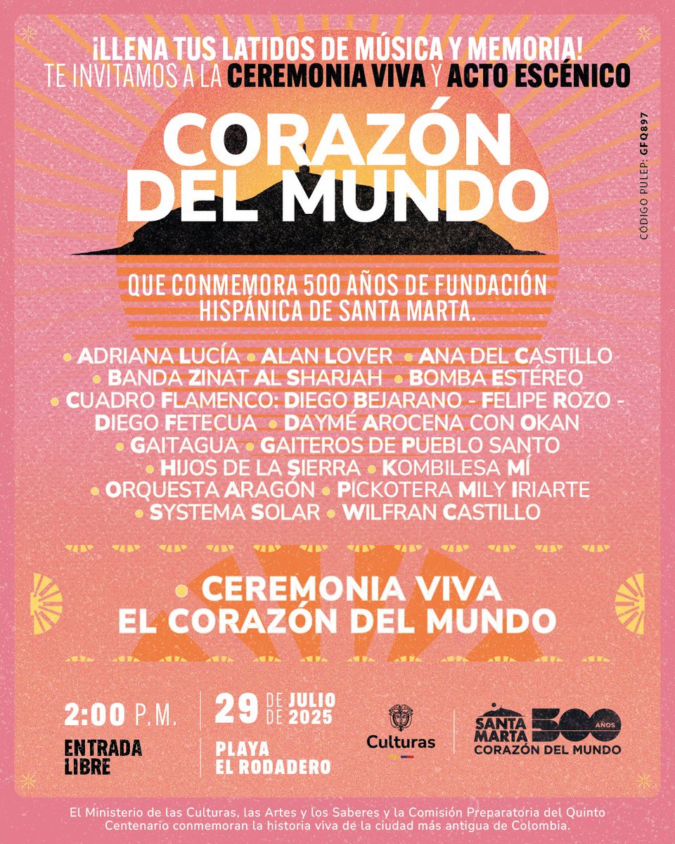 🎶 Ritmos del Caribe, sonidos ancestrales y expresiones contemporáneas se encuentran en el Concierto Corazón del Mundo, una celebración de la identidad y la diversidad cultural.

🌎 Este 29 de julio, conéctate con la música que nos une. En vivo por Canal Institucional.