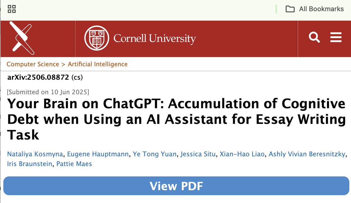 "Over four months, LLM users consistently underperformed at neural, linguistic, and behavioral levels. These results raise concerns about the long-term educational implications of LLM reliance and underscore the need for deeper inquiry into AI's role in learning."
Thx to Chris M