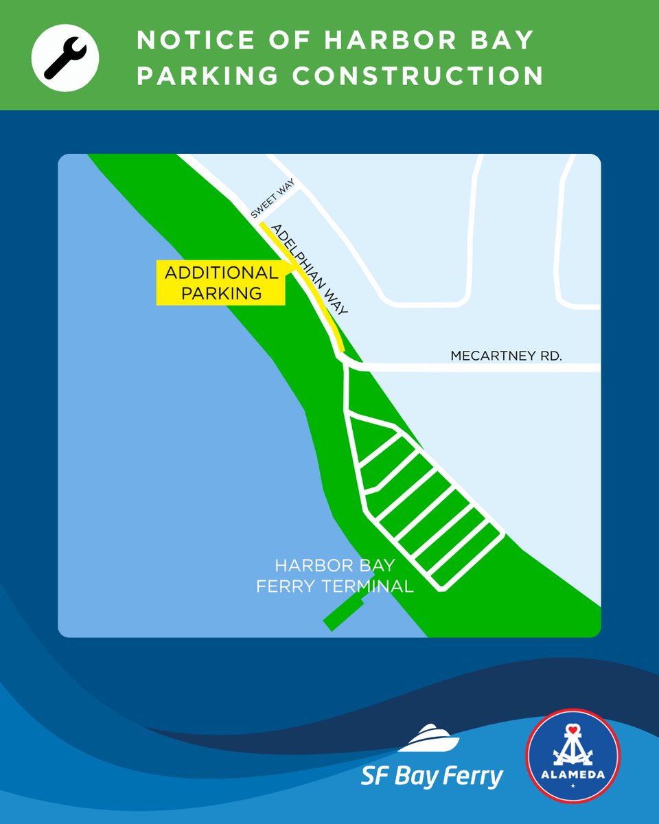 ⚠️ The Harbor Bay Ferry Terminal parking lot will undergo construction Jul 31 - Aug 1 to improve accessibility. Ferry terminal access will not be impacted. Temporary weekday parking will be available on the east side of Adelphian Way. For more info: alamedaca.gov/HarborBayProje…