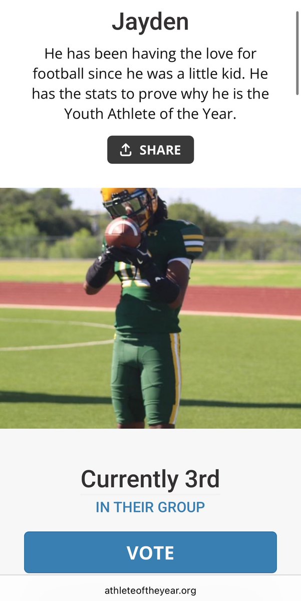 He would like to thank god for this opportunity to be selected to be nominated to try and be youth athlete of the year. So y’all go ahead and vote for me that would be greatly appreciated.

athleteoftheyear.org/2025/jayden-61…