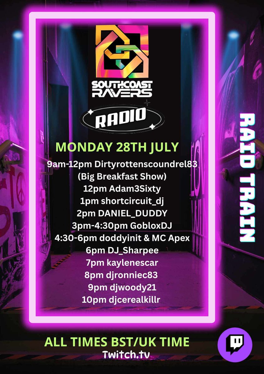 I return to twitch at 7pm tonight for the first time in ages in the new South Coast Ravers Raid train🙌 come join 🎧 kaylenescar
