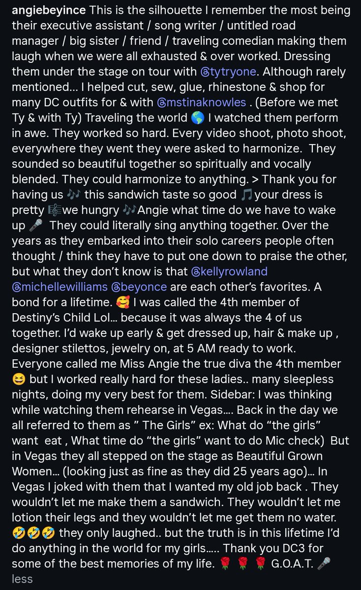 Angie Beyince shared a beautiful message to Beyoncé, Michelle and Kelly via IG 💕

"The truth is in this lifetime I'd do anything in the world for my girls..... Thank you DC3 for some of the best memories of my life. G.O.A.T"