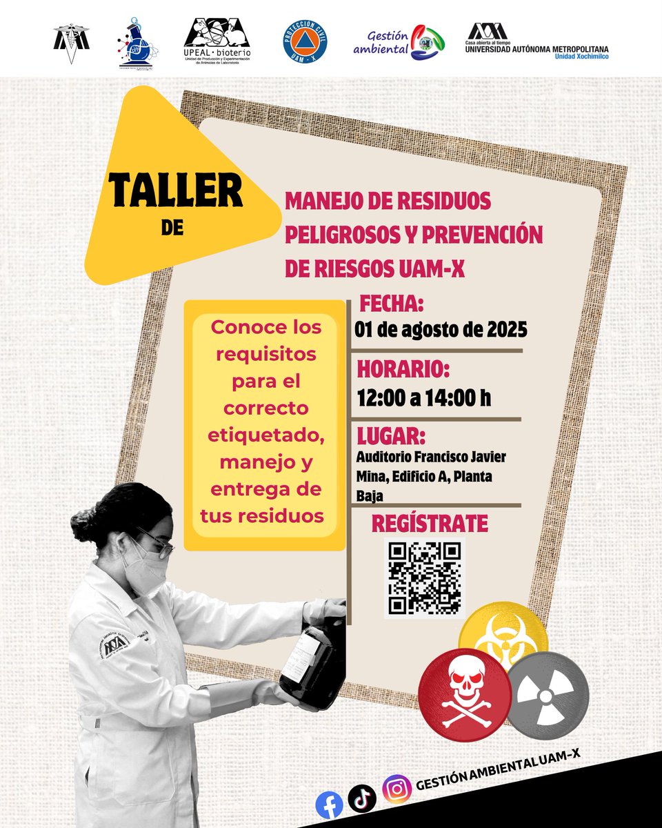 lauammx's tweet image. La Oficina de Gestión Ambiental de la Unidad Xochimilco te espera en el taller sobre residuos peligrosos. Etiquetado, manejo y entrega: todo lo que debes saber para actuar con responsabilidad.

📅 AGOSTO 1RO.
⏰ 12:00 A 14:00 HORAS
📍 Auditorio Francisco Javier Mina

#SoyUAM…