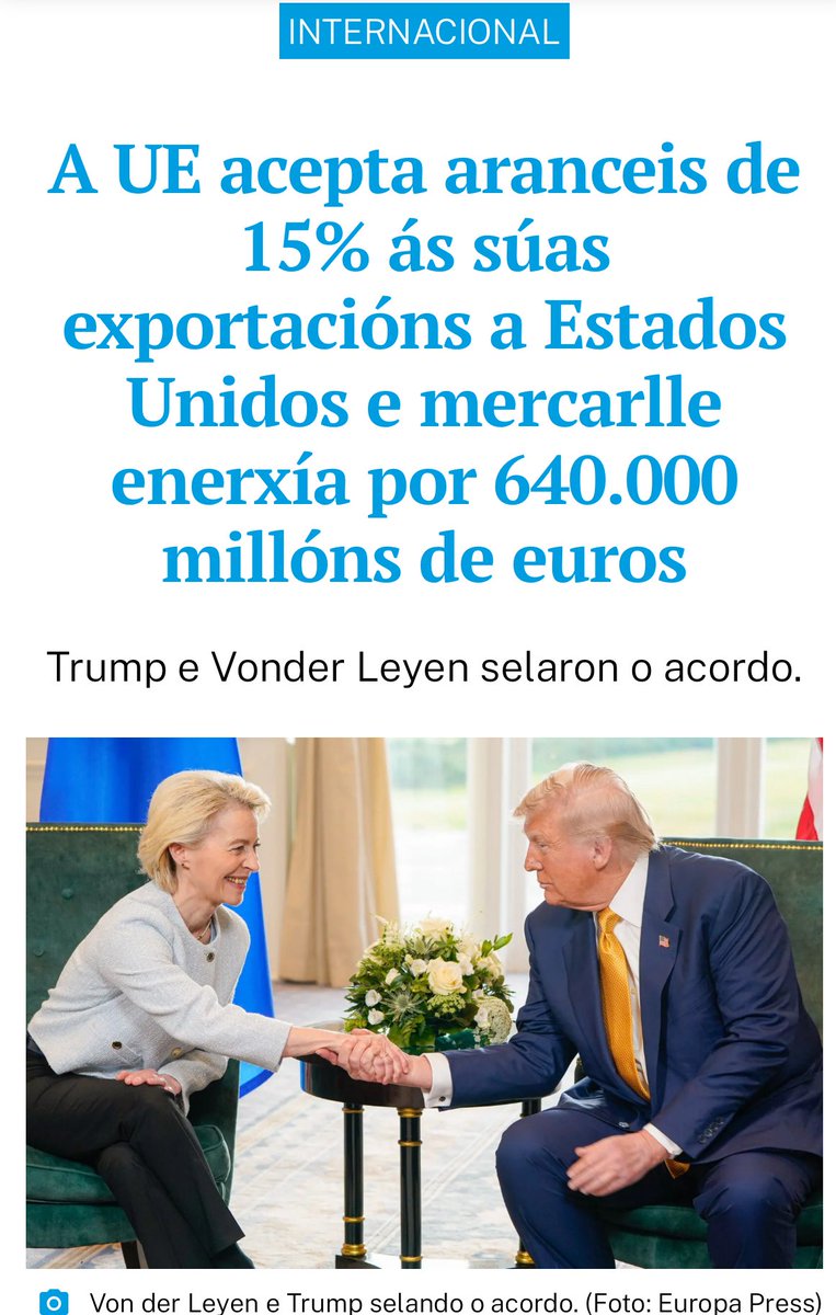 Un acordo nefasto para a Galiza e os pobos de Europa, que confirma a submisión da Unión Europea aos intereses dos Estados Unidos. Até algúns gobernos o cualificaron de ‘capitulación’. A degradación da UE continúa, após a escalada belicista e a complicidade co xenocidio en Gaza.