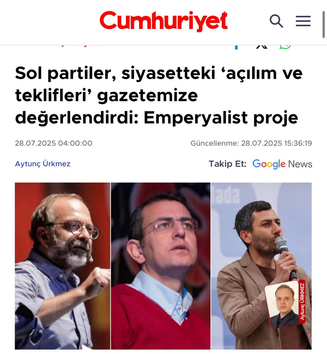 veganzulal's tweet image. SOL PARTİLER SİYASETTEKİ AÇILIM VE TEKLİFLERİ @cumhuriyetgzt’E DEĞERLENDİRDİ: EMPERYALİST PROJE
@Muhabir_Urkmez’in haberi
cumhuriyet.com.tr/siyaset/sol-pa…