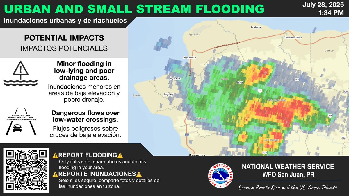NWSSanJuan's tweet image. ⚠️MOCA and SAN SEBASTIAN⚠️
Urban and Small Stream Flood Advisory. | Advertencia de Inundaciones Urbanas y de Riachuelos.
Until | Hasta: 3:30 PM AST Jul 28
#PRwx
