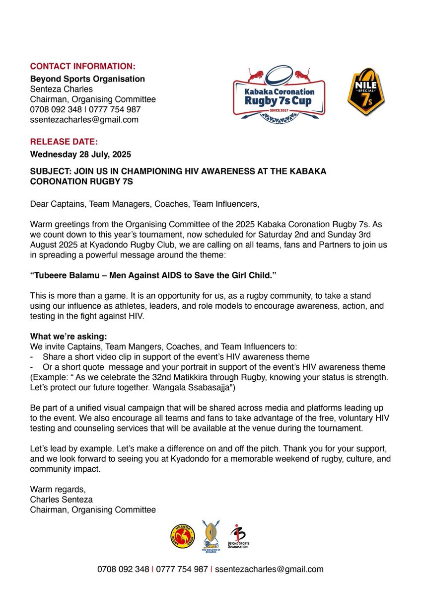 ElizabethSayuni's tweet image. Join us for the Kabaka Coronation Rugby 7s on August 2nd-3rd at Kyadondo Rugby Club!

#TubeereBalamu - Men Against AIDS to Save the Girl Child,&apos; is the theme. 

Purchase your tickets via @mtnmomoug 

momoticketing.com/event/kabaka-c…

#KabakaCoronationRugby7s 
#TubeereBalamu
#MatikkiraAt32
