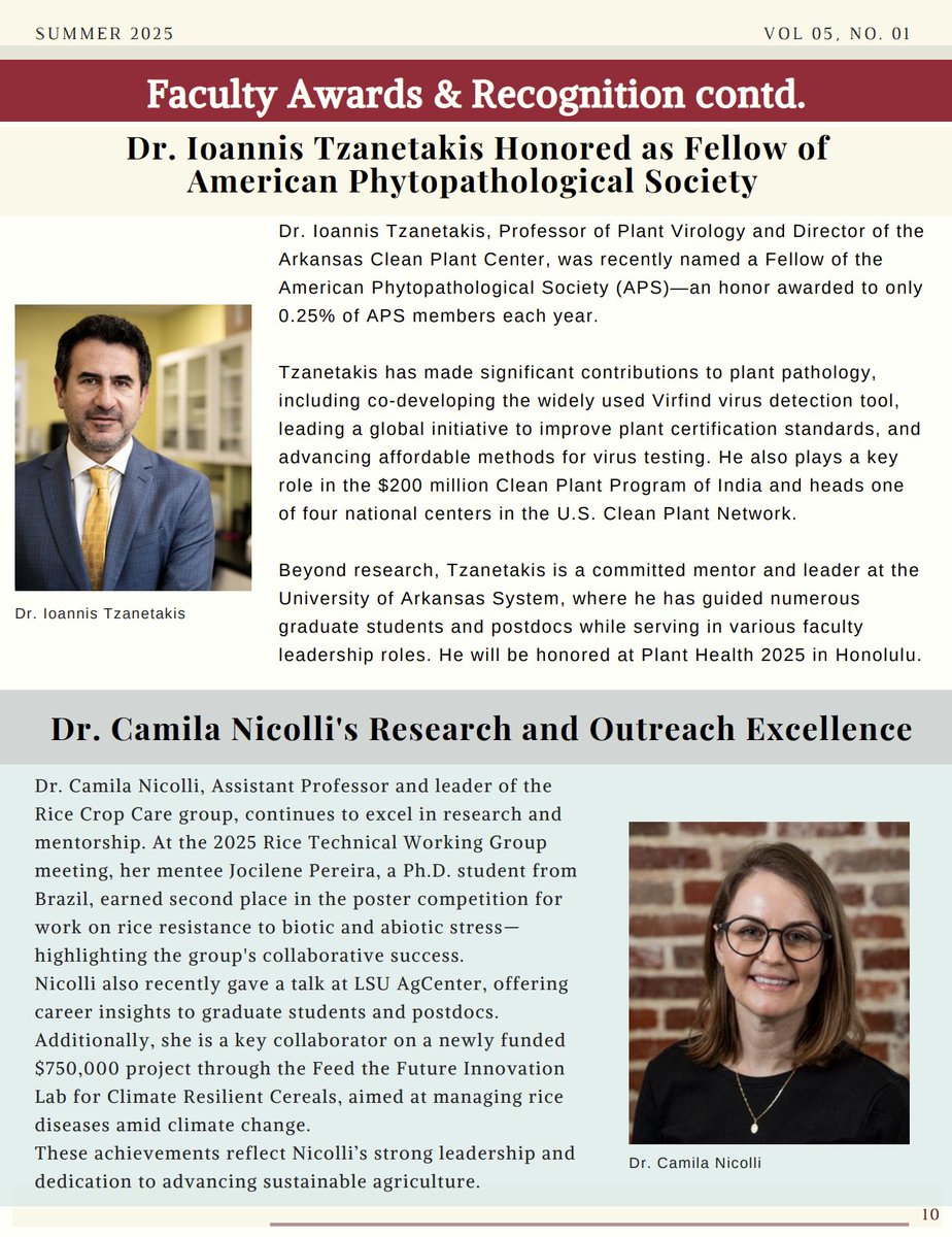 We’re featured in the @UofA_ENPL Summer 2025 Newsletter! 🌾🎉

We are sharing a page with Dr. Ioannis Tzanetakis Honored as Fellow of American Phytopathological Society #APS_PlantHealth

Link:enpl.uark.edu/_resources/doc…

<a href="/ArkansasEPP/">Arkansas Entomology and Plant Pathology</a> <a href="/ArkAgResearch/">Arkansas Agricultural Experiment Station</a>