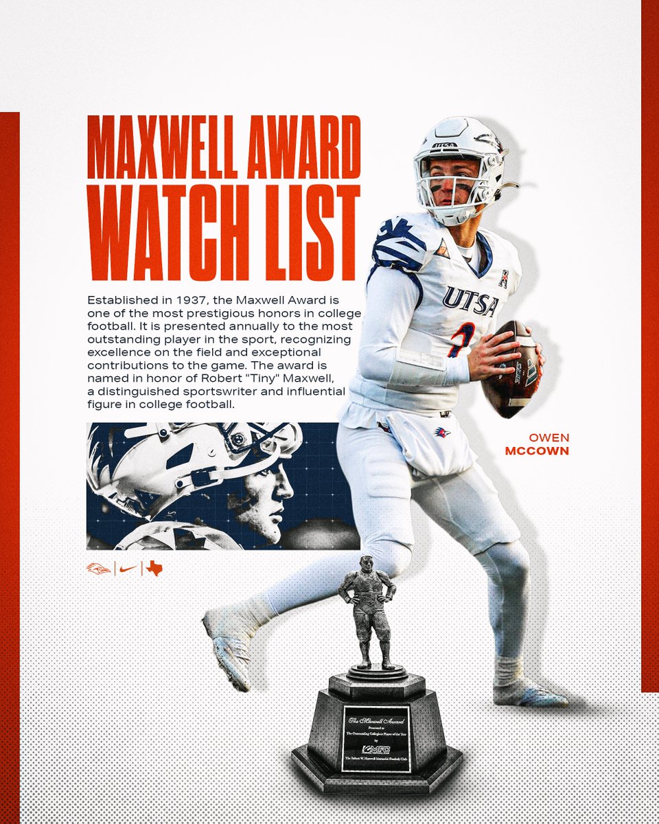 UTSA Football ๐ (@utsaftbl) on Twitter photo ๐๐๐ฑ๐ฐ๐๐ฅ๐ฅ ๐๐ฐ๐๐ซ๐ ๐๐๐ญ๐๐ก ๐๐ข๐ฌ๐ญ
UTSA quarterback Owen McCown has earned a spot on the preseason watch list for the award that goes to the outstanding player in college football!
๐ฐ utsa.pro/maxwellwatchliโฆ
#210TriangleOfToughness
#LetsGo210 | #BirdsUp ๐ค ๐๐๐ฑ๐ฐ๐๐ฅ๐ฅ ๐๐ฐ๐๐ซ๐ ๐๐๐ญ๐๐ก ๐๐ข๐ฌ๐ญ
UTSA quarterback Owen McCown has earned a spot on the preseason watch list for the award that goes to the outstanding player in college football!
๐ฐ utsa.pro/maxwellwatchliโฆ
#210TriangleOfToughness
#LetsGo210 | #BirdsUp ๐ค