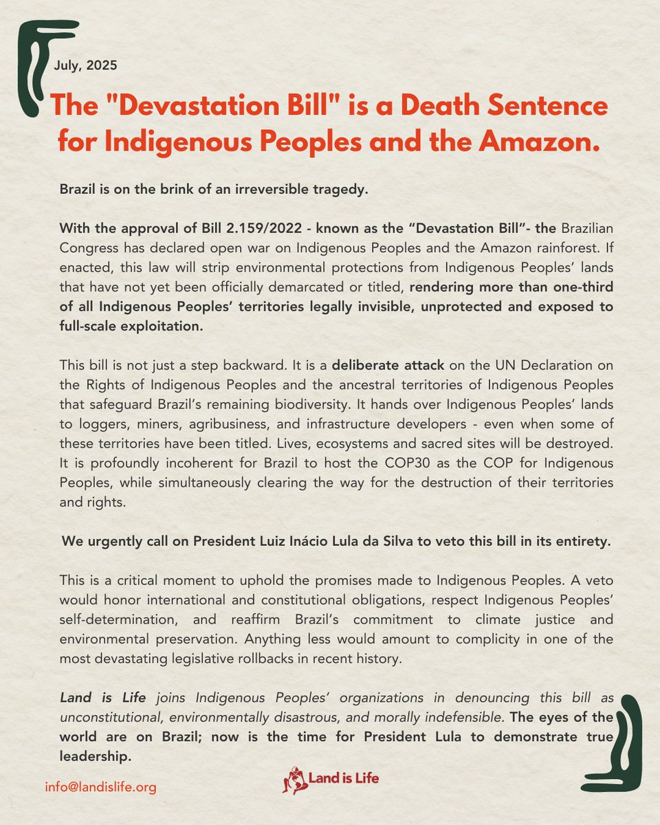 The “Devastation Bill” (PL 2.159/2022) is a direct attack on Indigenous Peoples' rights and the #Amazon. It strips protections from lands not yet demarcated, leaving them open to exploitation.
We urge President <a href="/LulaOficial/">Lula</a> to veto the bill.
The world is watching. #VetoPL2159