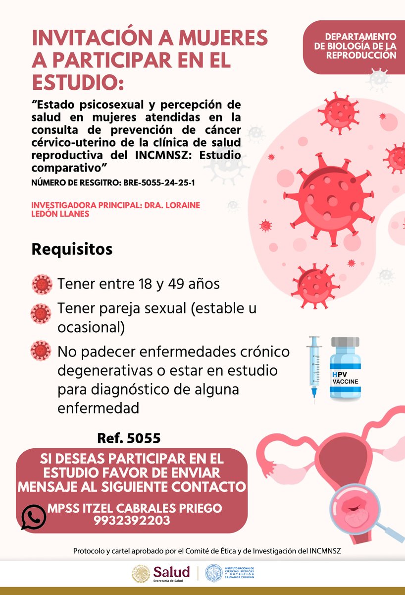 incmnszmx's tweet image. Te invitamos a participar, si cumples con los requisitos y estas interesada, envía mensaje a MPSS Itzel Cabrales Priego al 9932392203.
Protocolo y cartel aprobado por el Comité de Ética y de Investigación.
