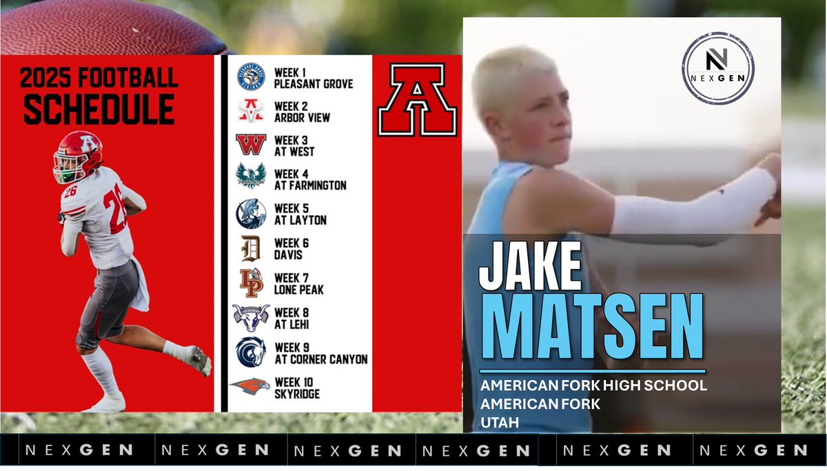 nexgenscouting's tweet image. ➡️2025 Friday Night Lights
❎2029 QB Jake Matsen @jake_matsen
❎American Fork HS @cavemanfootball
American Fork (UT)
WK 1 Pleasant Grove
WK 2 Arbor View
WK 3 at West
WK 4 at Farmington
WK 5 at Layton
WK 6 Davis
WK 7 Lone Peak
WK 8 at Lehi
WK 9 at Corner Canyon
WK 10 Sky Ridge