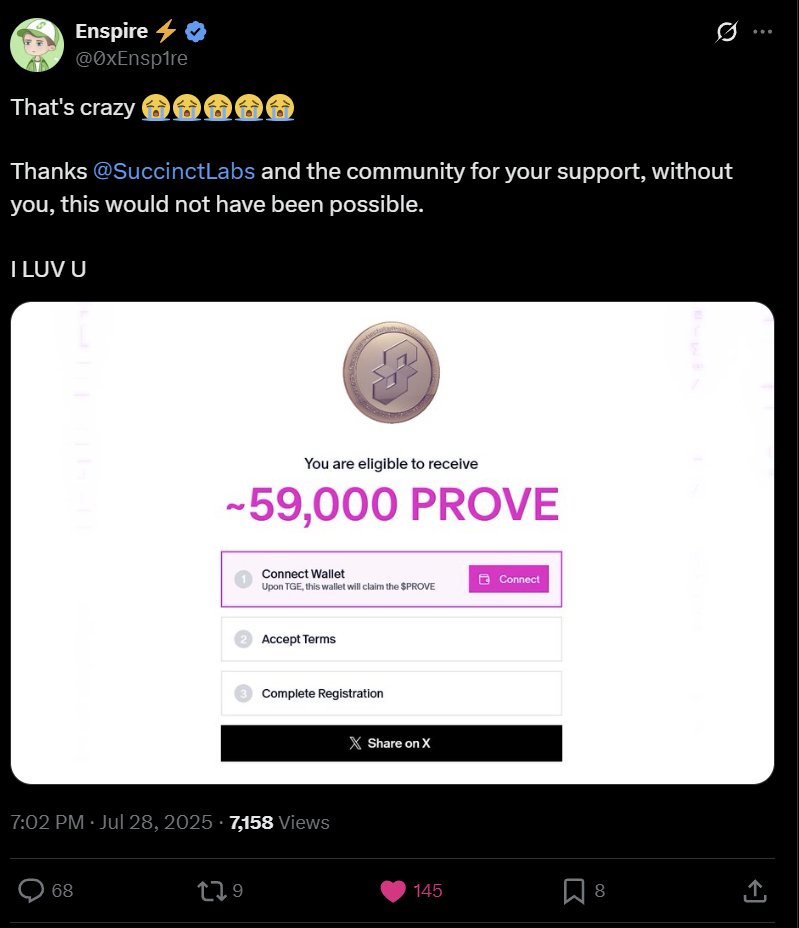 rob_inwoods's tweet image. When I see how those who dedicated their lives to Succinct are rewarded with such a huge $PROVE amount,
I'm eager to see how much $MITO those who did the same for the @MitosisOrg community will receive.
Community first.