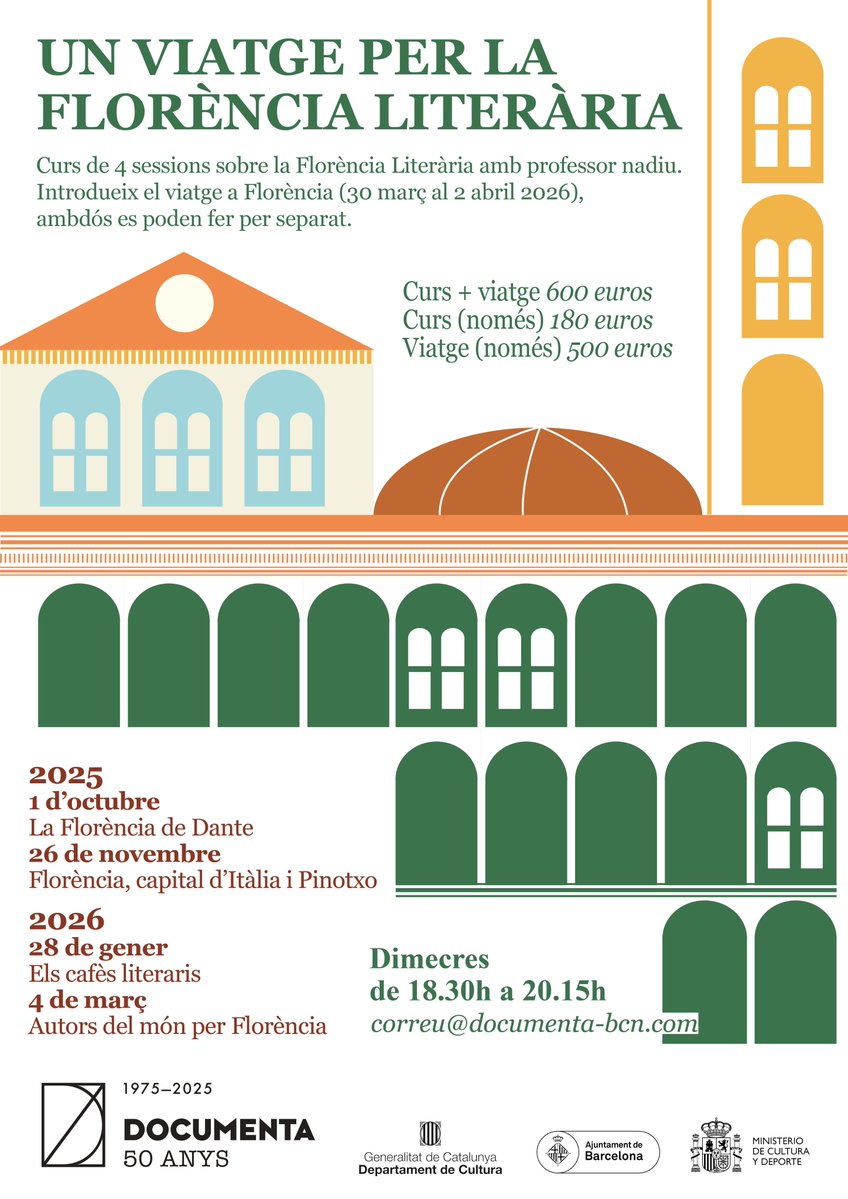Llibreria Documenta (@documentabcn) on Twitter photo 📣 Anunciem els cursos 2025-26 de Documenta:
- Dante Purgatori cant per cant en florentí
- Un viatge per la Florència literària
- Aula literària 2025-26 amb Ana Pineda (pinedaapa@yahoo.es)
Per a més info, escriu a correu@documenta-bcn.com o visita el nostre web. 📣 Anunciem els cursos 2025-26 de Documenta:
- Dante Purgatori cant per cant en florentí
- Un viatge per la Florència literària
- Aula literària 2025-26 amb Ana Pineda (pinedaapa@yahoo.es)
Per a més info, escriu a correu@documenta-bcn.com o visita el nostre web.