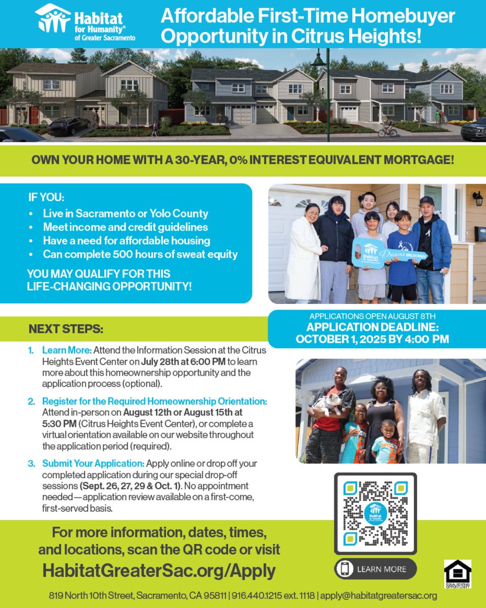 With Phase 1 progressing on schedule, <a href="/sachabitat/">Habitat for Humanity of Greater Sacramento</a> is ready to launch Phase 2! 🏗️
📅 Tonight’s Info Session: 6 p.m. at the Citrus Heights Event Center (6300 Fountain Square Dr).
📆 Application Window: Fri., Aug. 8 to 4 p.m. on Wed., Oct. 1.
Learn more: ow.ly/uhmz50WwfWX