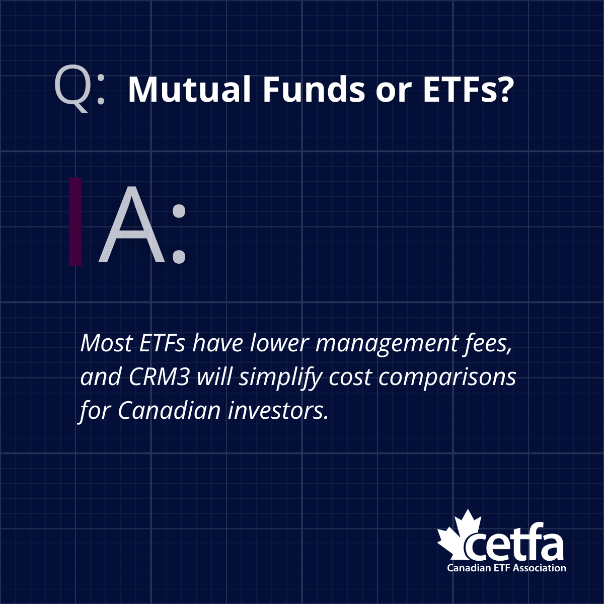 ETFs typically have lower fees than mutual funds, with clear cost structures that benefit investors.
 
New CRM3 rules will bring even more transparency, helping Canadians make informed choices.

#ETF101 #CETFA