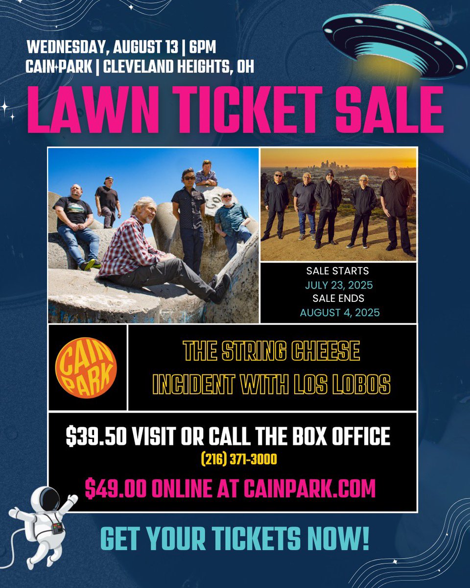 SCI_Official's tweet image. 🤘 Cleveland Rocks! SCI and @LosLobosBand are heading to @CainPark in Cleveland, OH on Wednesday, Aug 13th! For a limited time, you can get Lawn Tix for $49.00 all-in (or even cheaper if you visit the box office). Promo ends Aug 4th. Grab tickets at stringcheeseincident.com 🧀