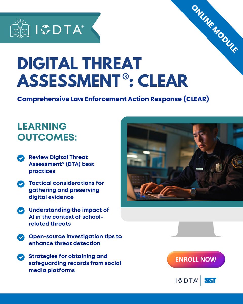 Investigate online threats through the lens of Digital Threat Assessment®! 🔎

The Digital Threat Assessment®: Clear Module is now available on the ICDTA®, SST's learning platform.

Enroll here: hubs.ly/Q03yGh7c0
