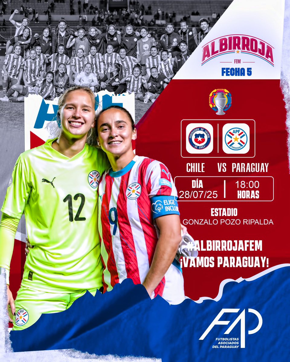 FAParaguay's tweet image. 🏆 #CopaAmericaFEM #Ecuador2025🇪🇨
🇵🇾 La #AlbirrojaFEM 🙋🏻♀️ juega hoy (18:00 🆚 #Chile 🇨🇱) por el último cupo a los Juegos Panamericanos #Lima2027🇵🇪
💪🏼 ¡VAMOS con TODO, CHICAS. VAMOS #PARAGUAY! 🤩
#FAP #FutbolistasParaguayas #FútbolParaguayo #FútbolFemenino