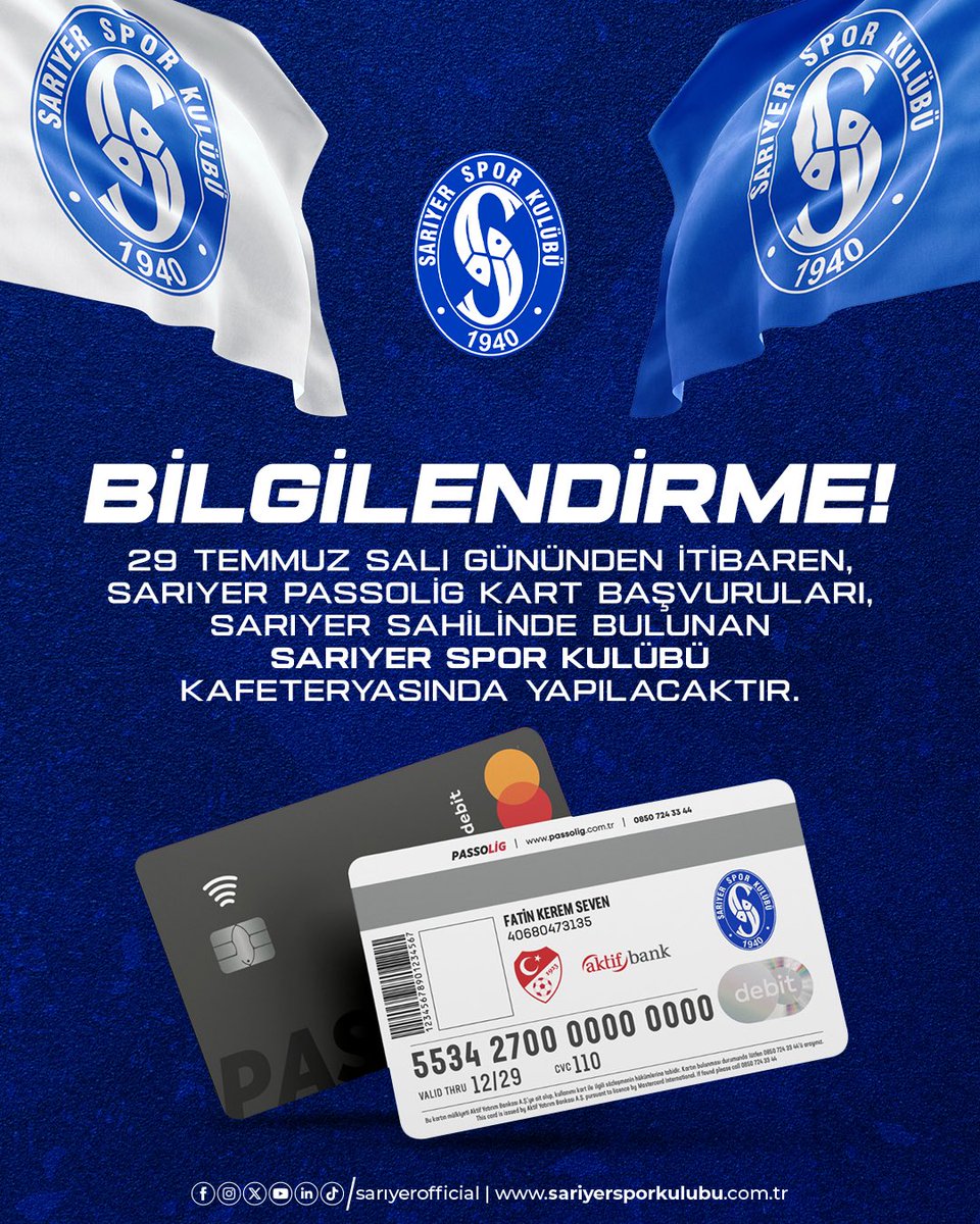 29 Temmuz Salı gününden itibaren, Sarıyer Passolig kart başvuruları, Sarıyer sahilinde bulunan Sarıyer Spor Kulübü kafeteryasında yapılacaktır.