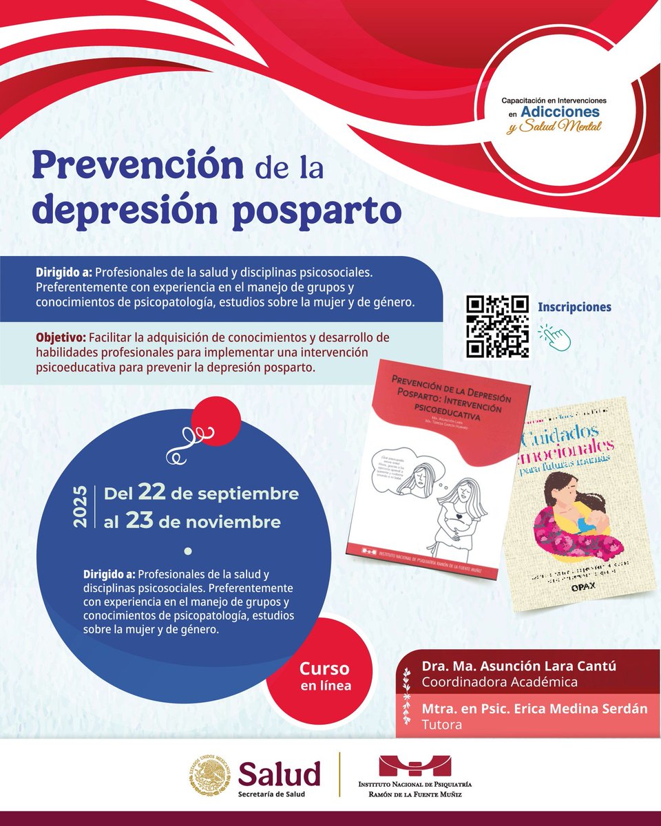INPRFM's tweet image. Curso en línea | Prevención de la depresión posparto
Informes e inscripciones:
mujeresydepresion@gmail.com
cursosdiep@inprf.gob.mx
¡Inscríbete!
bit.ly/3HYi5K2
#SaludMental #DepresiónPosparto #CursoEnLínea #INPRFM