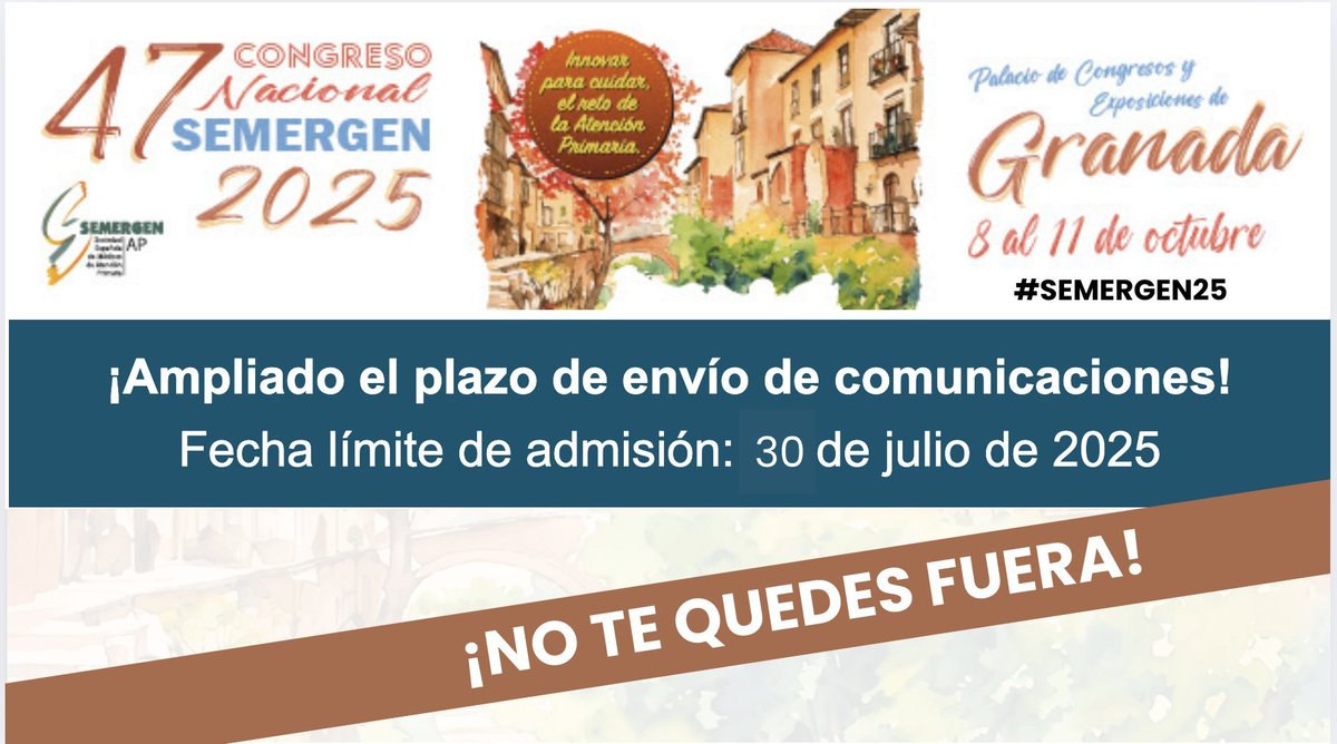 SEMERGENap's tweet image. #SEMERGEN25 ¡ÚLTIMOS DÍAS PARA ENVIAR TUS COMUNICACIONES! Sólo hasta el 30 de Julio
🚀¡No te quedes fuera! Envía tus trabajos al 47 Congreso Nacional de SEMERGEN.
f.mtr.cool/cqumqdjgjq
👉Consulta normativa: f.mtr.cool/zrcexadrti