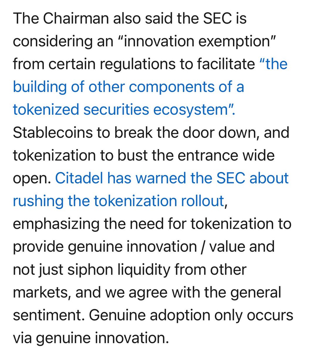 The SEC floating an “innovation exemption” is the clearest signal yet: tokenized securities are coming.

Citadel’s warning isn’t wrong, liquidity games won’t cut it. Real adoption will demand real innovation.

Stablecoins kick the door in. Tokenization builds the new house.