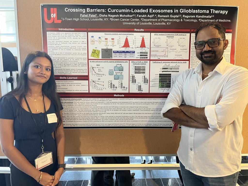 JtownHS's tweet image. Pahel Patel '26 completed an 8-week internship at James Graham Brown Cancer Center! One of 20 high schoolers, she researched curcumin-loaded exosomes for glioblastoma therapy, turning turmeric into potential cancer treatment. See her at UofL's symposium Aug 22!