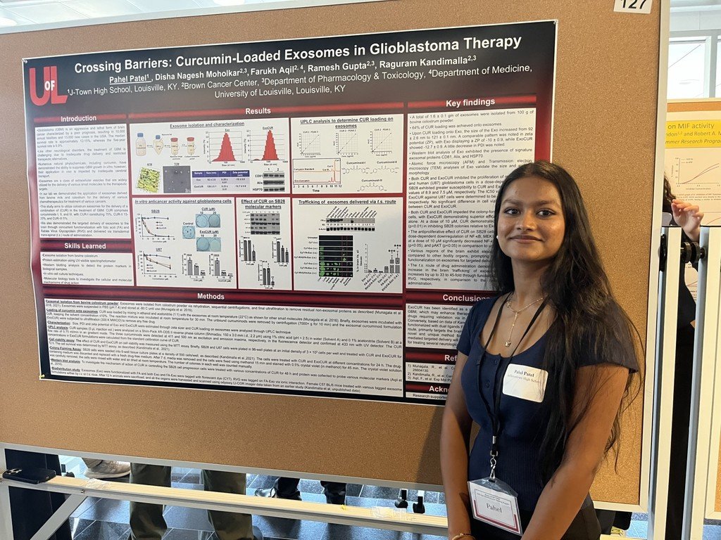 JtownHS's tweet image. Pahel Patel '26 completed an 8-week internship at James Graham Brown Cancer Center! One of 20 high schoolers, she researched curcumin-loaded exosomes for glioblastoma therapy, turning turmeric into potential cancer treatment. See her at UofL's symposium Aug 22!