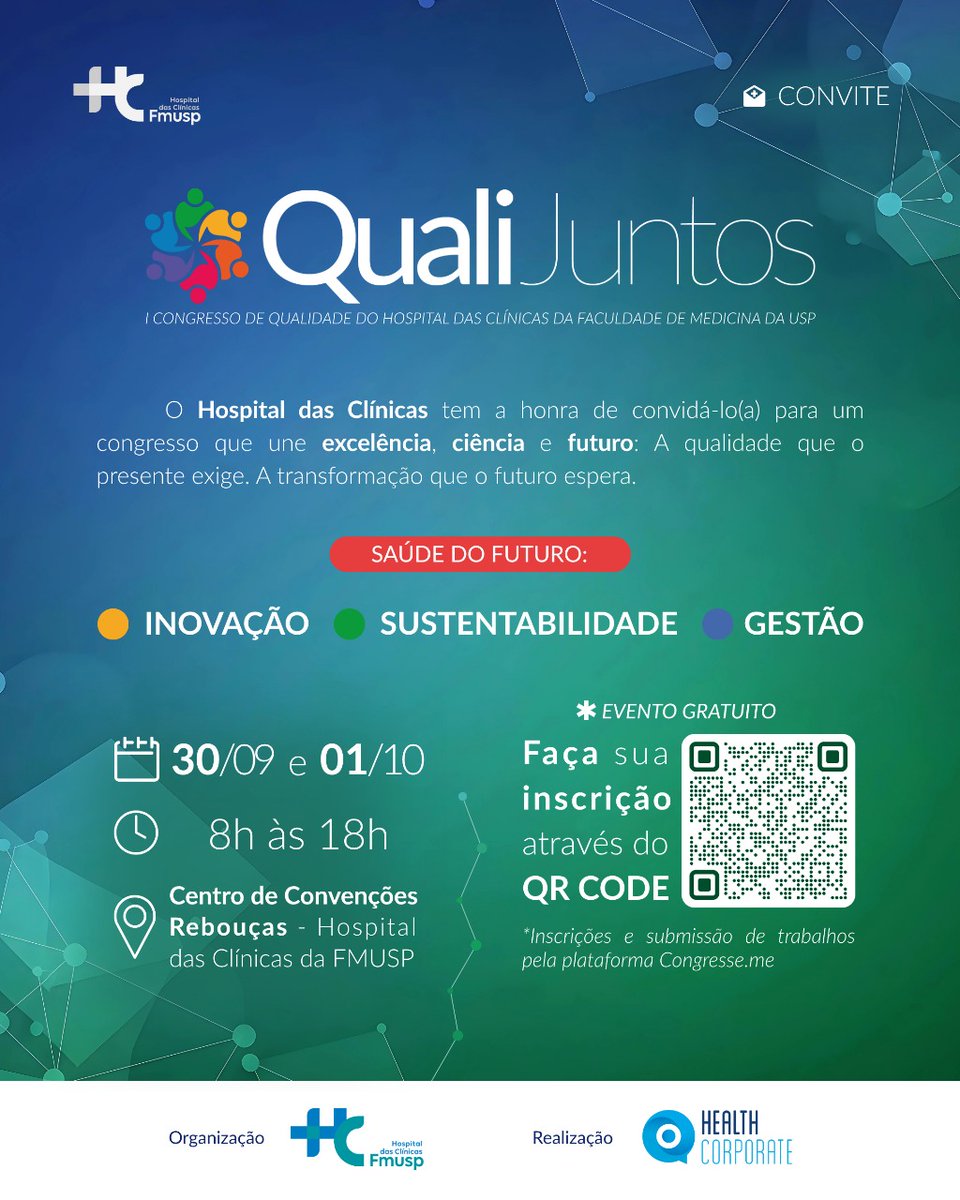 Inscrições abertas para o I Congresso de Qualidade do HCFMUSP. Participe! eventos.congresse.me/qualijuntos