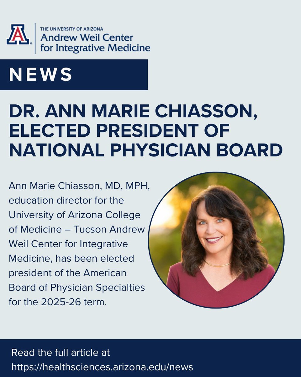 Andrew Weil Center for Integrative Medicine (@azcim) on Twitter photo Please join the Andrew Weil Center for Integrative Medicine and <a href="/UAZHealth/">University of Arizona Health Sciences</a> in recognizing the appointment of Ann Marie Chiasson, MD, MPH, as Board President of the American Board of Physician Specialties <a href="/ABPS_AAPS/">American Board of Physician Specialties (ABPS)</a> for the 2025–26 term.
Find the full story here: Please join the Andrew Weil Center for Integrative Medicine and <a href="/UAZHealth/">University of Arizona Health Sciences</a> in recognizing the appointment of Ann Marie Chiasson, MD, MPH, as Board President of the American Board of Physician Specialties <a href="/ABPS_AAPS/">American Board of Physician Specialties (ABPS)</a> for the 2025–26 term.
Find the full story here: