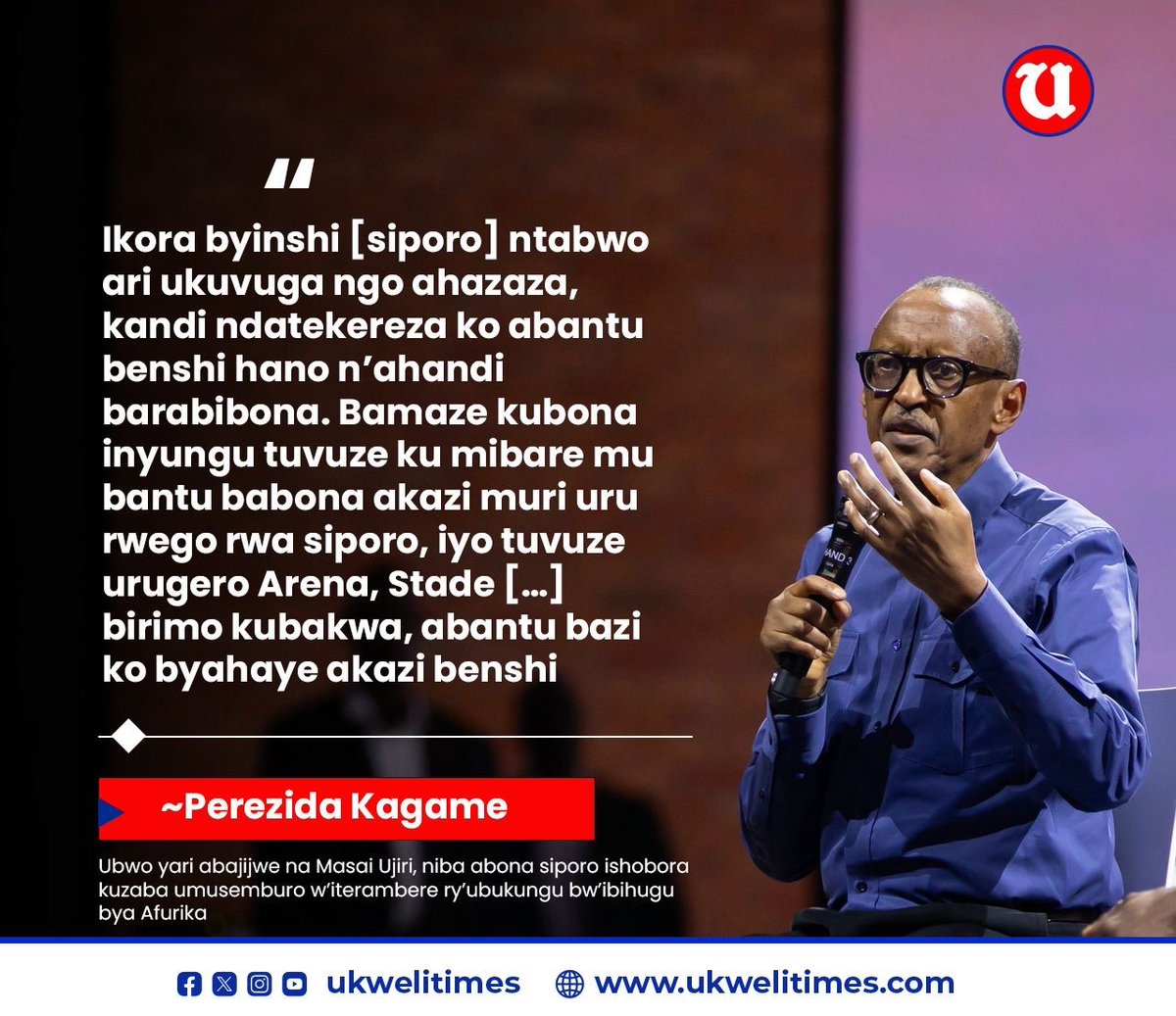 UKWELITIMES (@ukwelitimes) on Twitter photo Yabigarutseho mu kiganiro yagiranye na Masai Ujiri, nyuma yo gufungura ku mugaragaro Icyanya cy’ibikorwaremezo bya Siporo, Imyidagaduro n’Umuco kizwi nka Zaria Court Kigali. <a href="/zariacourt/">Zaria Court</a> <a href="/RDBrwanda/">Rwanda Development Board</a> <a href="/Rwanda_Sports/">Ministry of Sports|Rwanda</a> <a href="/visitrwanda_now/">Visit Rwanda</a> <a href="/RwandaYouthArts/">Ministry of Youth and Arts | Rwanda</a> <a href="/GiantsOfAfrica/">Giants of Africa</a>
✍️ Yabigarutseho mu kiganiro yagiranye na Masai Ujiri, nyuma yo gufungura ku mugaragaro Icyanya cy’ibikorwaremezo bya Siporo, Imyidagaduro n’Umuco kizwi nka Zaria Court Kigali. <a href="/zariacourt/">Zaria Court</a> <a href="/RDBrwanda/">Rwanda Development Board</a> <a href="/Rwanda_Sports/">Ministry of Sports|Rwanda</a> <a href="/visitrwanda_now/">Visit Rwanda</a> <a href="/RwandaYouthArts/">Ministry of Youth and Arts | Rwanda</a> <a href="/GiantsOfAfrica/">Giants of Africa</a>
✍️