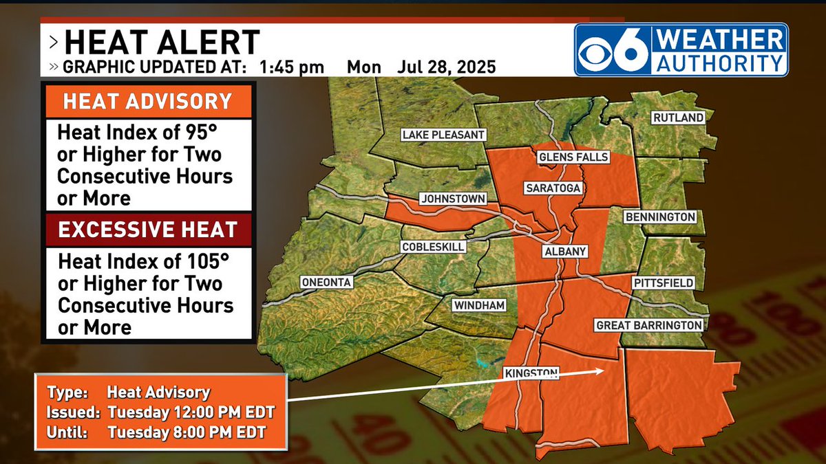 ⚠️ Heat Advisory Until Jul 28 7:00PM: The combination of both temperature and humidity will result in high heat index values of 95° or higher for at least two consecutive hours in the advisory area during the outlined period. #nywx #mawx #vtwx