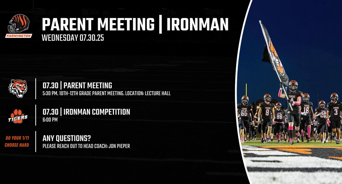 The 25th Annual IRONMAN Competition is this Wednesday, July 30th!

Farmington Football athletes will put their summer grind to the test — clean, bench, squat, agility, and jumps.

25 years of tradition. One ultimate challenge. #ChooseHard #1/11th