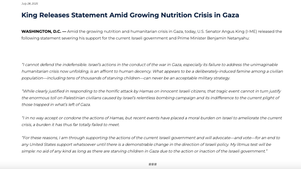 Dylan Williams (@dylanotes) on Twitter photo NEW from <a href="/SenAngusKing/">Senator Angus King</a>:
โI cannot defend the indefensibleโฆI am through supporting the actions of the current Israeli government and will advocateโand voteโfor an end to any United States support whatsoever until there is a demonstrable change in the direction of Israeli policyโ NEW from <a href="/SenAngusKing/">Senator Angus King</a>:
โI cannot defend the indefensibleโฆI am through supporting the actions of the current Israeli government and will advocateโand voteโfor an end to any United States support whatsoever until there is a demonstrable change in the direction of Israeli policyโ