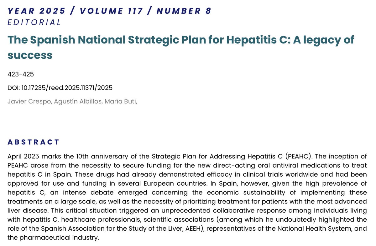 Javier Crespo (@drjaviercrespo) on Twitter photo It is 10 years of The Spanish National Strategic Plan for Hepatitis C. And today is World Viral Hepatitis Day; an excellent day to remember the road traveled and what we still have to do.
<a href="/sepdigestiva/">Sociedad Española de Patología Digestiva (SEPD)</a> <a href="/REEDigestivas_/">Revista Española Enfermedades Digestivas(REED)</a> <a href="/AEEHLiver/">Asociación Española para el Estudio del Hígado</a>
reed.es/ArticuloFicha.… It is 10 years of The Spanish National Strategic Plan for Hepatitis C. And today is World Viral Hepatitis Day; an excellent day to remember the road traveled and what we still have to do.
<a href="/sepdigestiva/">Sociedad Española de Patología Digestiva (SEPD)</a> <a href="/REEDigestivas_/">Revista Española Enfermedades Digestivas(REED)</a> <a href="/AEEHLiver/">Asociación Española para el Estudio del Hígado</a>
reed.es/ArticuloFicha.…