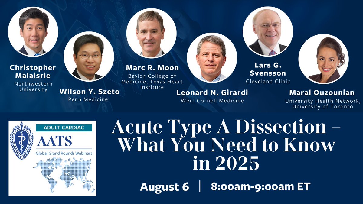 AATS (@aatshq) on Twitter photo What's new in Acute Type A Dissection? Experts are coming together to discuss what you need to know in 2025. Don't miss this adult #cardiac Global Grand Rounds webinar. Join us 8/6 at 8am ET: aats.org/events/acute-t…
<a href="/MarcMoonMD/">Marc Moon</a> <a href="/LarsSvenssonMD/">Lars Svensson</a> <a href="/OuzounianMD/">Maral Ouzounian</a> <a href="/ChrisMalaisrie/">S Chris Malaisrie</a> What's new in Acute Type A Dissection? Experts are coming together to discuss what you need to know in 2025. Don't miss this adult #cardiac Global Grand Rounds webinar. Join us 8/6 at 8am ET: aats.org/events/acute-t…
<a href="/MarcMoonMD/">Marc Moon</a> <a href="/LarsSvenssonMD/">Lars Svensson</a> <a href="/OuzounianMD/">Maral Ouzounian</a> <a href="/ChrisMalaisrie/">S Chris Malaisrie</a>