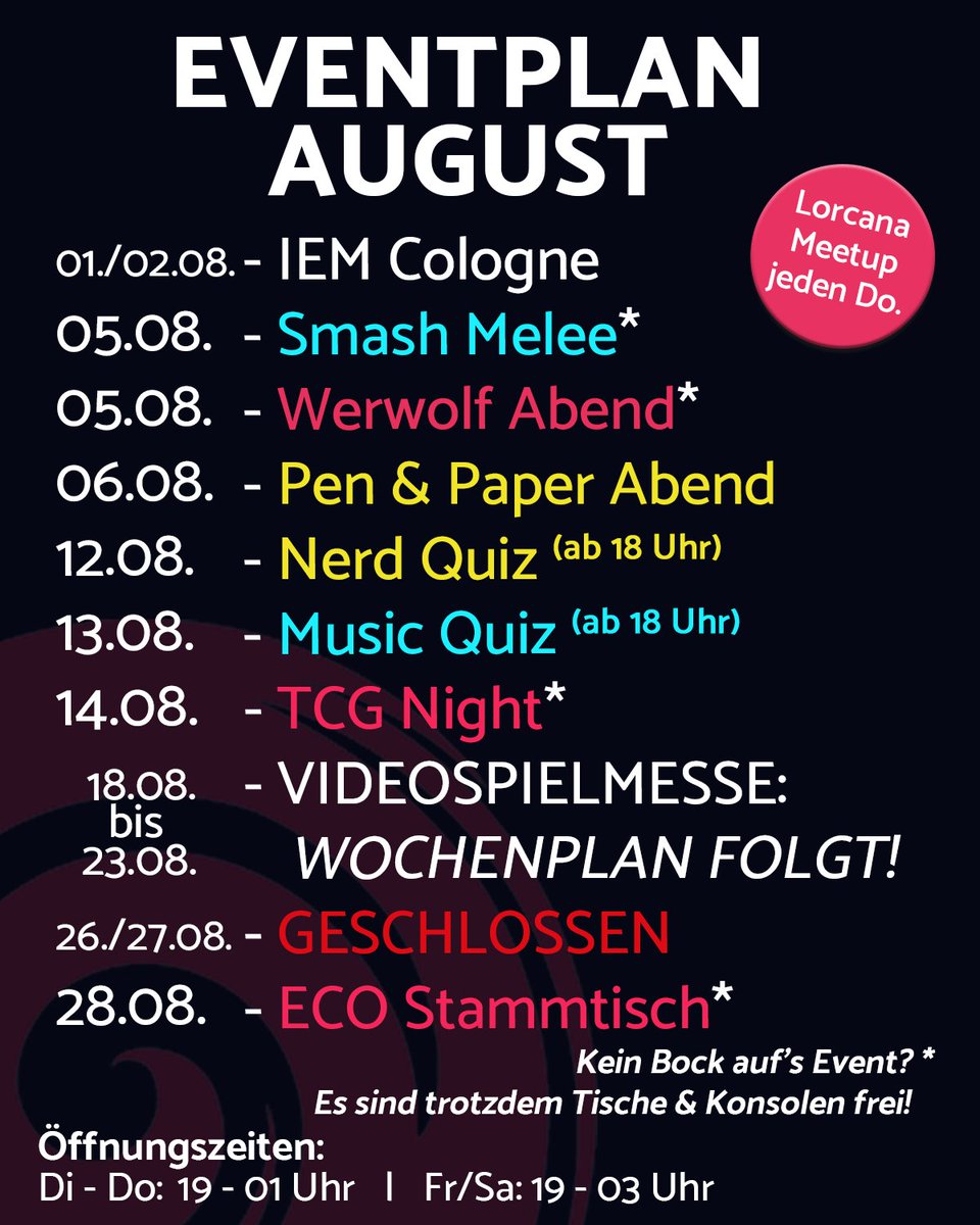 Der August hat es wie immer in sich! Wir starten diese Woche direkt mit der IEM Cologne. Neben unseren allseits beliebten Eventreihen findet Ende des Monats eine kleine Videospielmesse statt. Der genaue Plan dafür folgt in den nächsten Wochen.

#eventplan #month #monatsplan