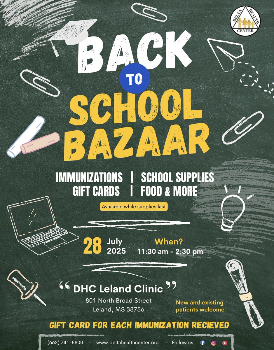 🎒💉 Delta Health Center Presents: BACK TO SCHOOL BAZAAR! 🎉📚
Join us for a fun-filled day to get your back-to-school immunizations and enjoy a celebration while you're at it!

📍 801 North Broad Street, Leland, MS 38756

✅ New and existing patients welcome!