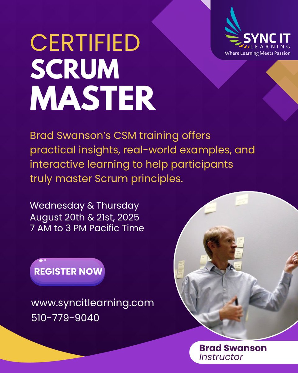 syncitlearning's tweet image. Boost Your Agile Journey!

Join Certified ScrumMaster® (CSM) Training with Brad Swanson, a world-renowned Agile coach and trainer.

Register Now: syncitlearning.com/csm-training/

#CSMTraining #ScrumMaster #AgileTraining #BradSwanson #ScrumAlliance #CertifiedScrumMaster #AgileLeadership