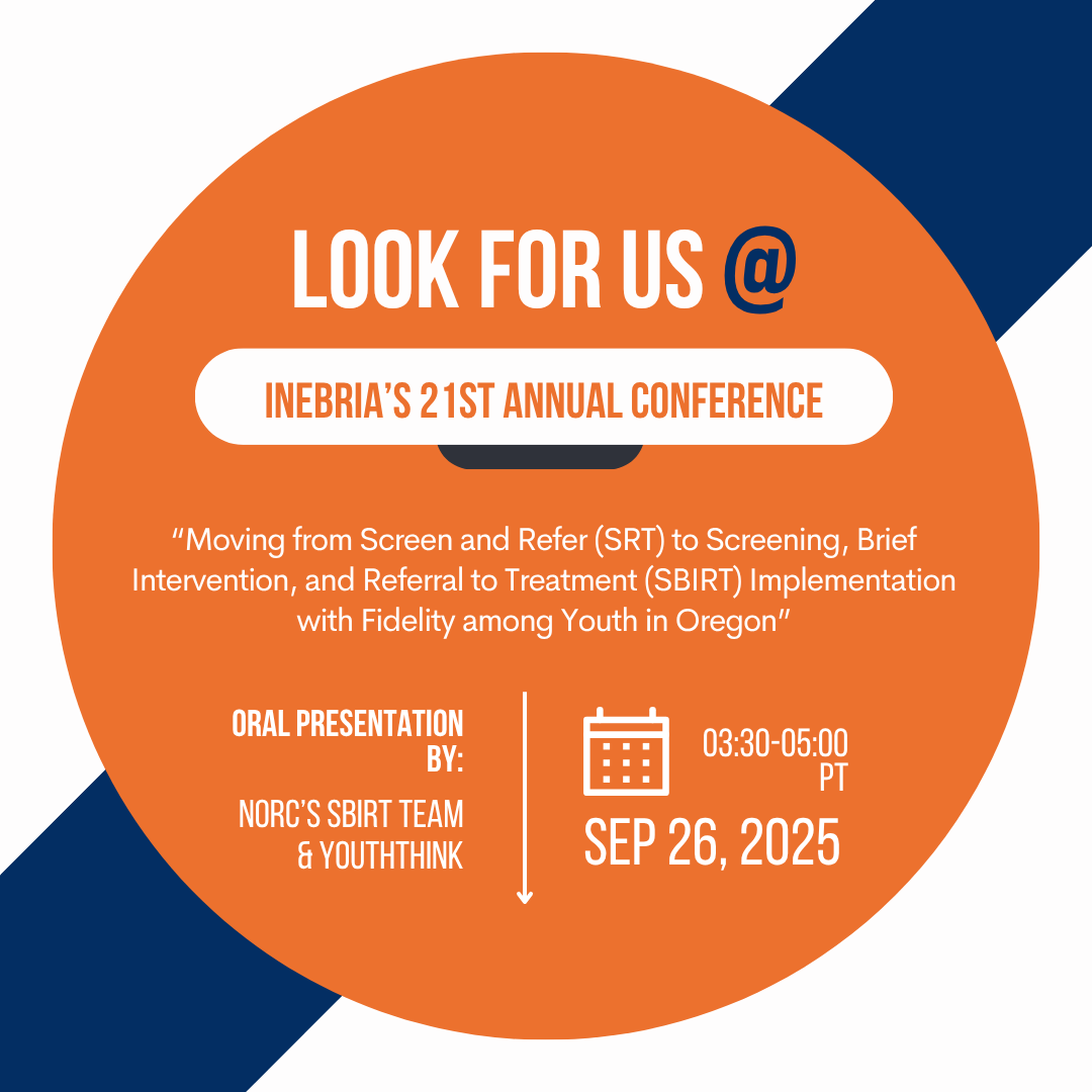 YouthThink and NORC’s SBIRT Team will present “Moving from Screen and Refer (SRT) to Screening, Brief Intervention, and Referral to Treatment (SBIRT) Implementation with Fidelity among Youth in Oregon” <a href="/INEBRIA_Net/">INEBRIA_Net</a> 21st Annual Conference in San Francisco. inebria.net/san-francisco-…