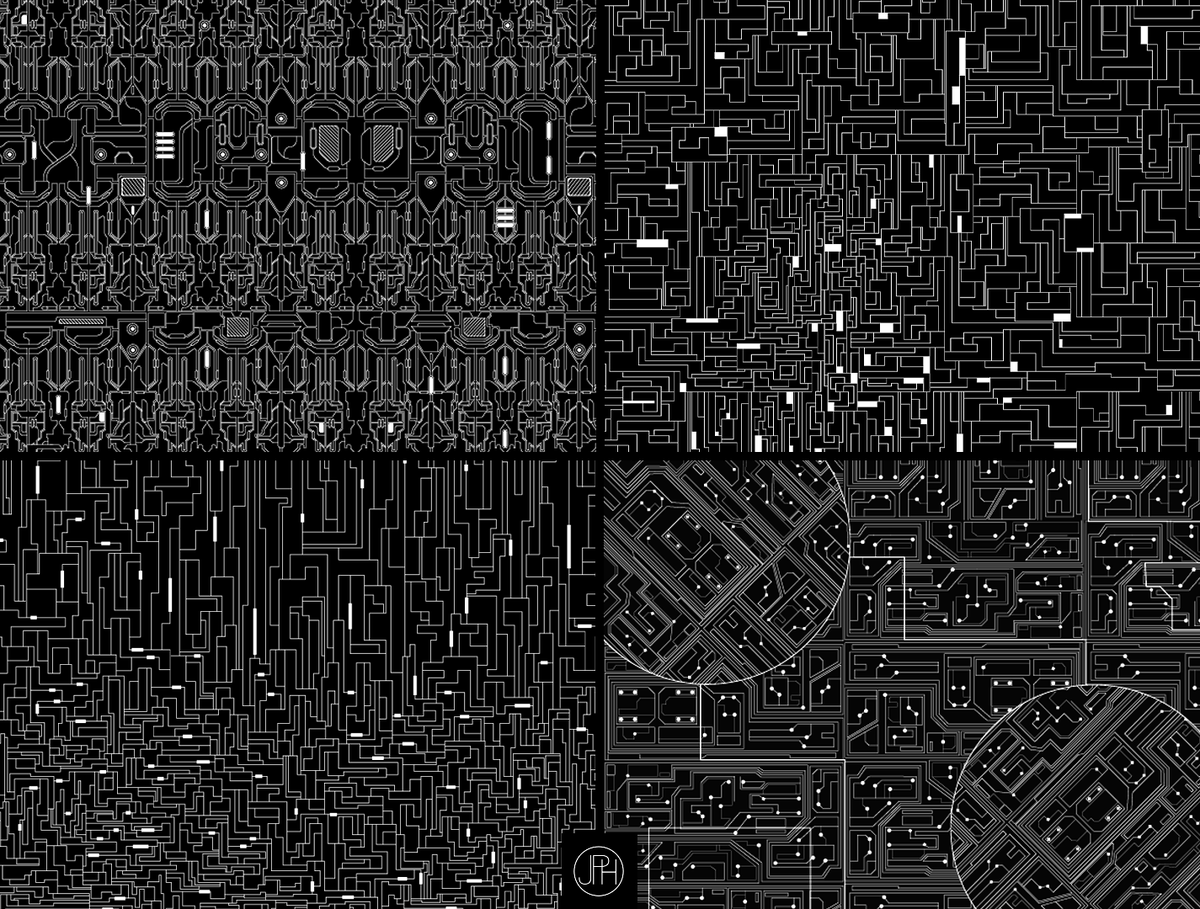 jphanel1972's tweet image. ⚙️Four patterns. One system.⚙️
A fusion of circuitry, structure, and sci-fi aesthetics
Exploring complexity through line, form, and flow.
- No AI product - Julien-Pierre Hanel 2025
#TechArt #ElectronicPatterns #SciFiDesign #DigitalStructures #CyberArt #CircuitInspired