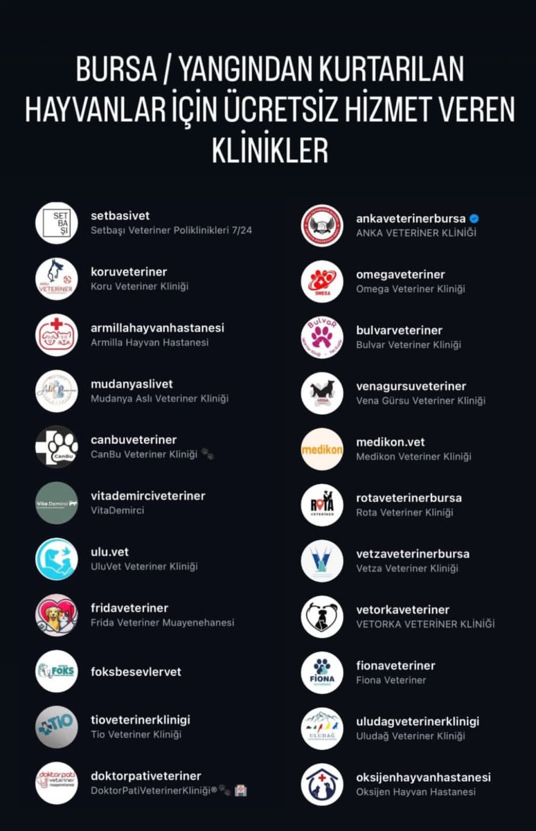 Bursa yangından kurtarılan hayvanlar için ücretsiz hizmet veren kliniklerin listesi. Lütfen elimizden geldiğince yayalım 🙌🏻