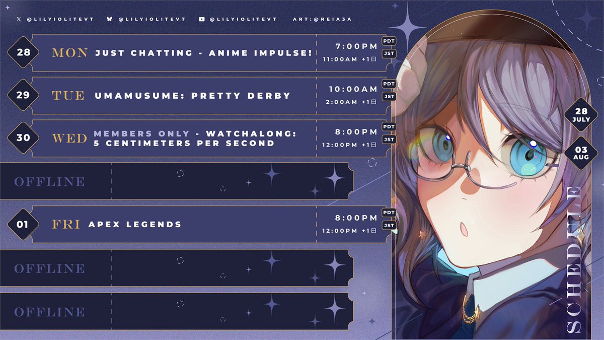LilyIoliteVT's tweet image. 🚂✨ 𝐓𝐇𝐈𝐒 𝐖𝐄𝐄𝐊&apos;𝐒 𝐒𝐂𝐇𝐄𝐃𝐔𝐋𝐄

This Wednesday is membership watchalong! We&apos;ll watch 5 Centimeters Per Second! I&apos;m curious to see if you&apos;ll like it~ ✨

🚂✨ Channel: youtube.com/@LilyIoliteVT
🚂✨ Discord: discord.gg/UzEWjzNS2u
🚂✨ Schedule: @.monarune