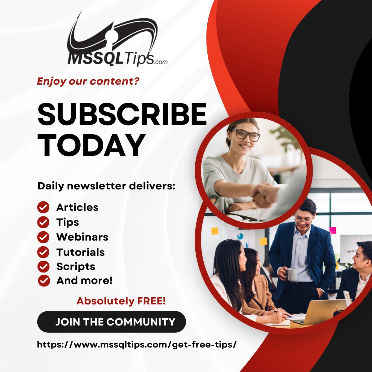 Free | Subscribe to MSSQLTips.com
mssqltips.com/get-free-tips/

#SQL #SQLServer #SQLResource #Troubleshoot #ProfessionalDevelopment #Career #SQLDBA #SQLDeveloper #MSSQLTips