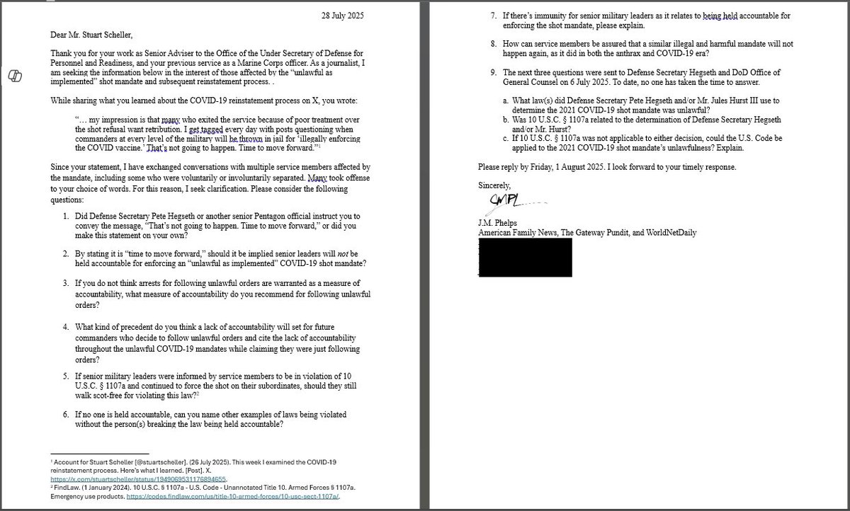 Moments ago, I sent a letter directly to Mr. Stuart Scheller. Regarding some of his recent public statements, I am merely seeking clarification for the hundreds of service members I know personally who were adversely affected by the COVID-19 shot mandate.